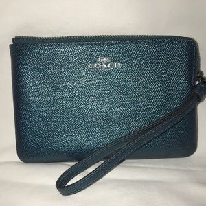 Coach zipper corner wristlet - metallic teal